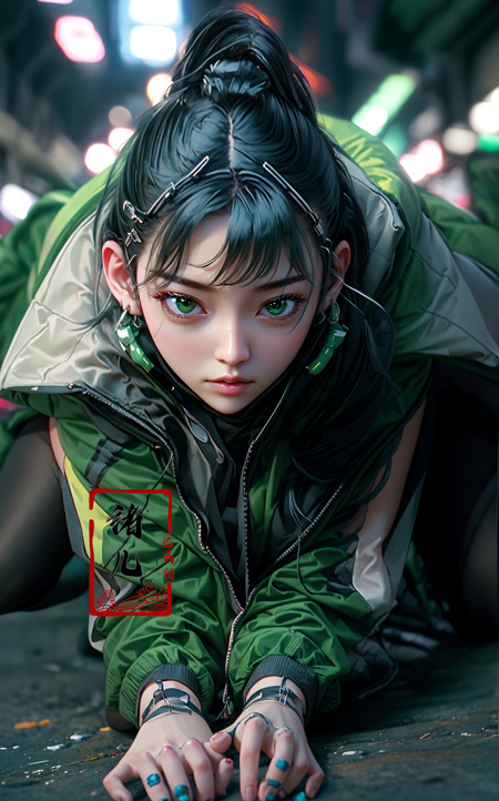 606247209521968578-2639252236-CG masterpiece, 3D Chinese girl, angelic face, techno-cool style, dressed in cyberpunk mixed with Chinese style clothing, crouch.jpg